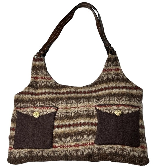 Eddie Bauer Handbags - RARE EDDIE BAUER Brown Wool Blend Shoulder Tote Bag Leather Braided Straps